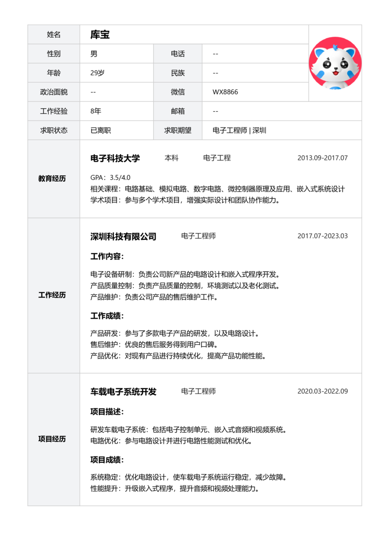 高级[5-10年]-电子工程师简历word模板