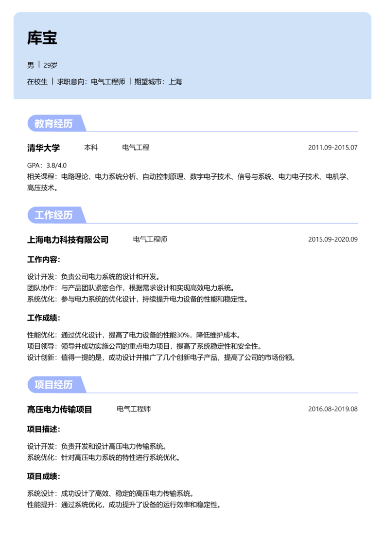 实习生[零经验]-电气工程师简历word模板