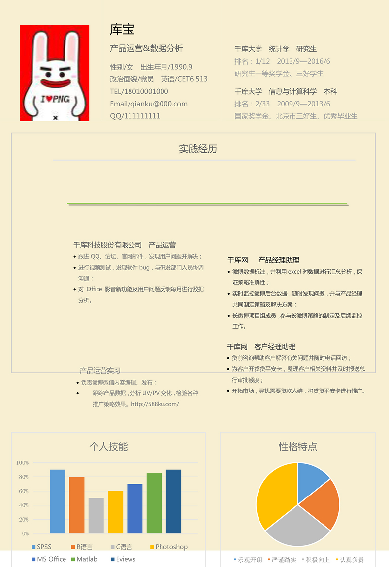 黄色背景产品运营人员求职简历模板word简历模板预览