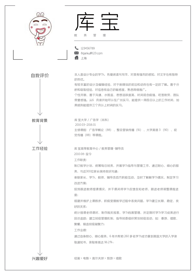 白色简洁教务管理个人简历word模板word简历模板预览