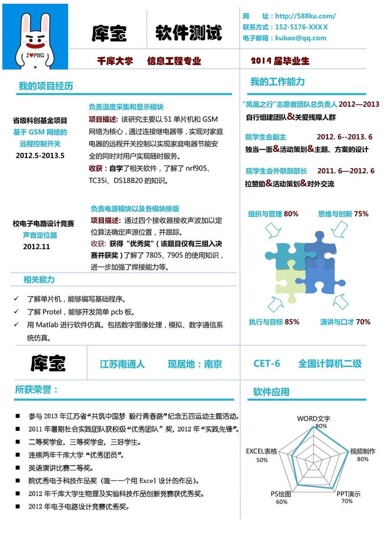 蓝色创意大学生应届生软件测试word简历word简历模板预览