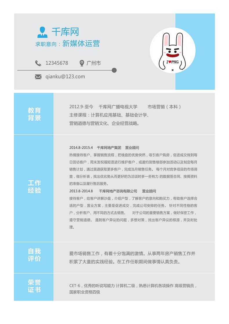 简约表格新媒体运营简历word简历模板预览