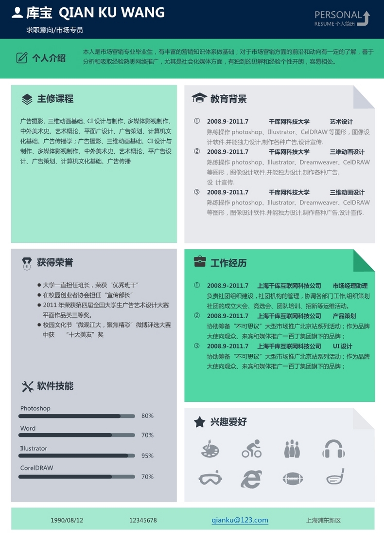 绿色简约风市场专员市场营销大学生求职简历word简历模板预览