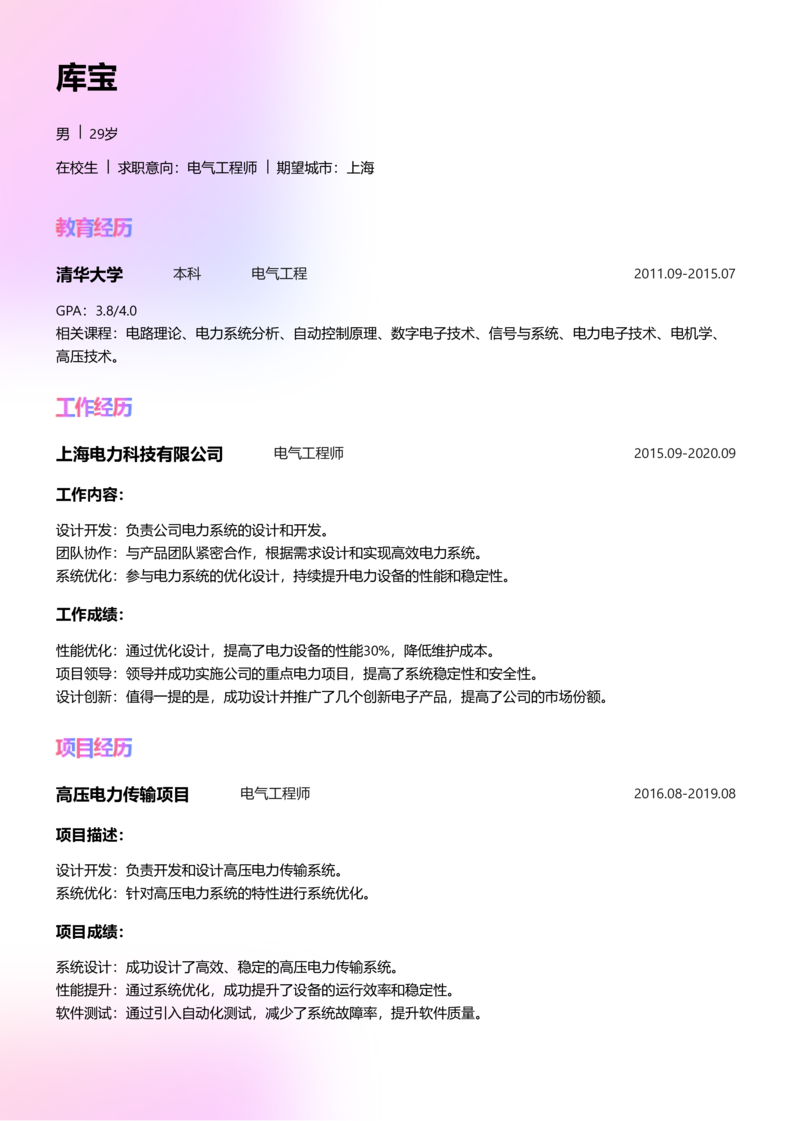 实习生[零经验]-电气工程师简历word模板