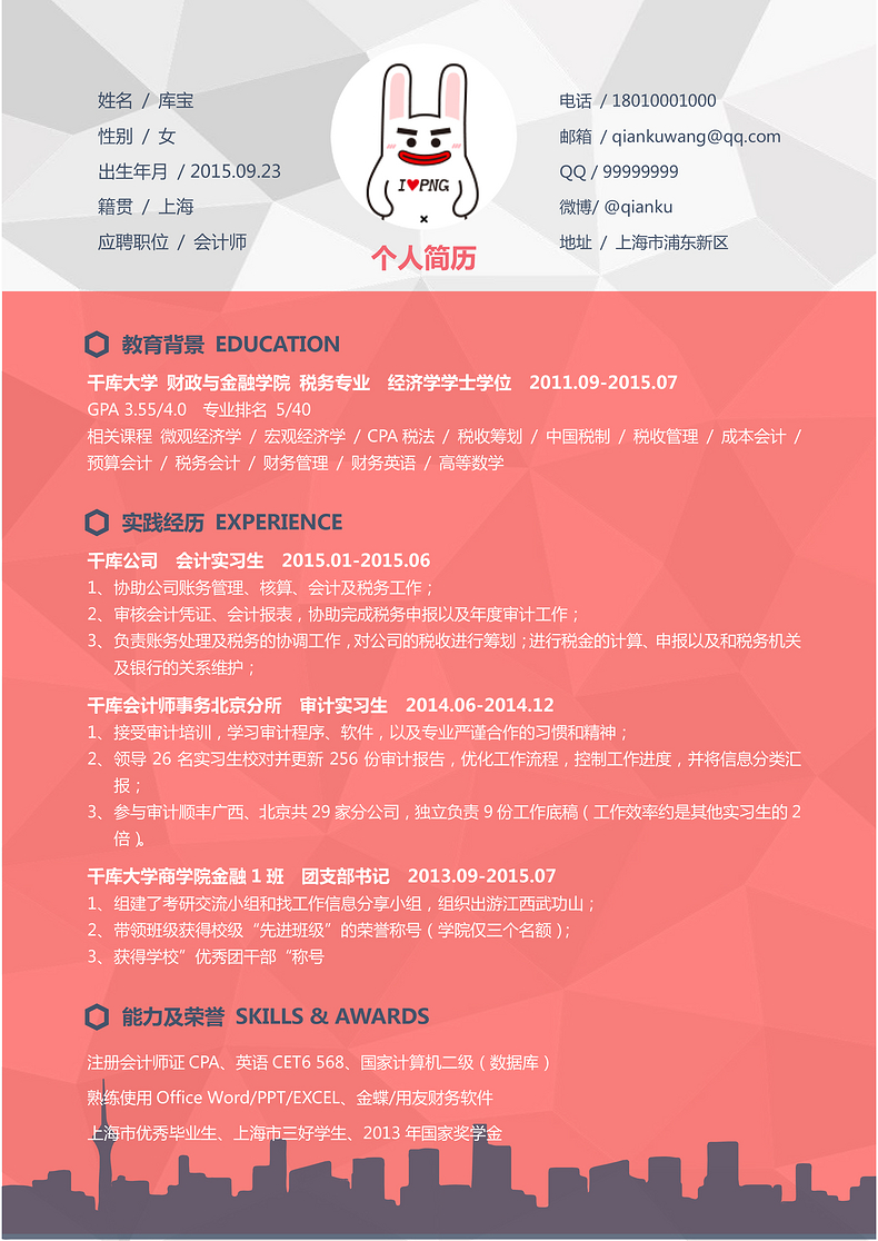 橙色创意风格会计师会计审计人员求职简历word简历模板预览