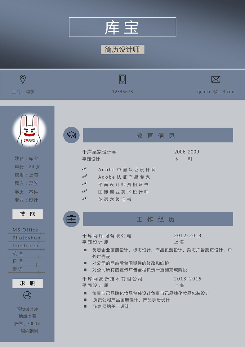 蓝灰色创意大学生应届生设计人员求职简历word简历模板预览