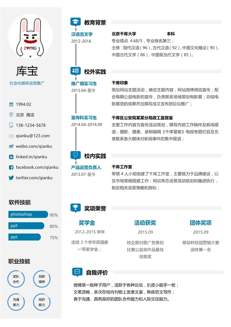 经典简约社会化媒体运营求职简历word简历模板预览