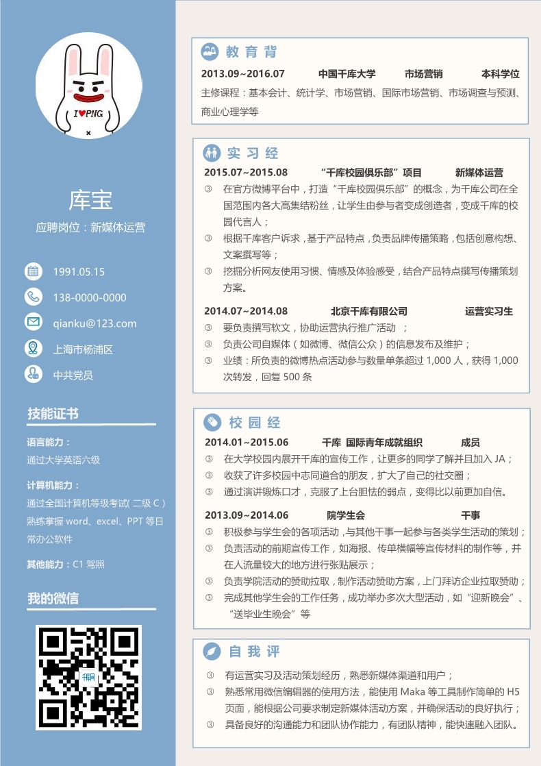蓝色经典简约新媒体运营求职简历word简历模板预览