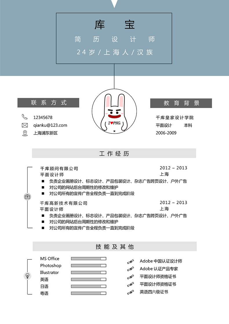 蓝色简约时尚设计师大学生应届生求职简历word简历模板预览