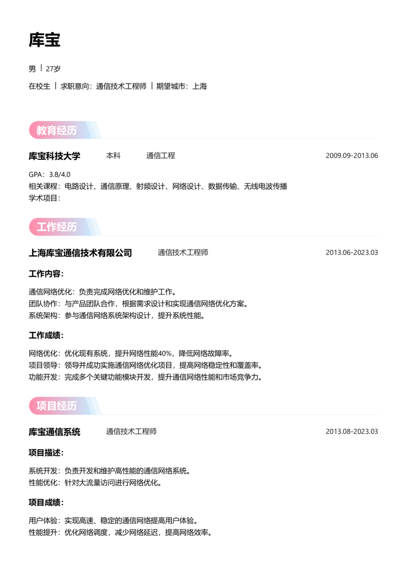 实习生[零经验]-通信技术工程师简历word模板