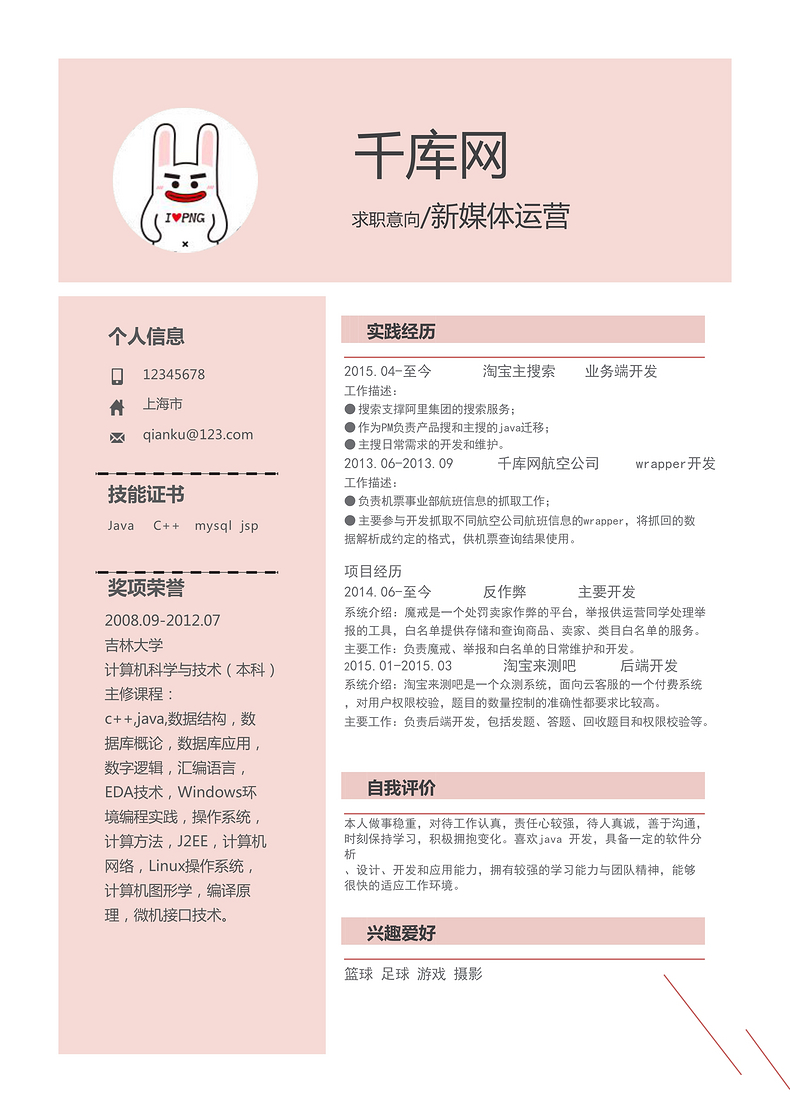 粉红简洁新媒体运营简历模板word简历模板预览
