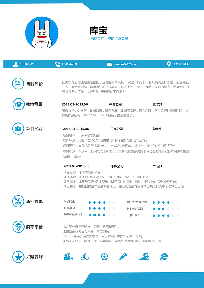 蓝色明朗简约电商运营专员Word求职简历word简历模板预览