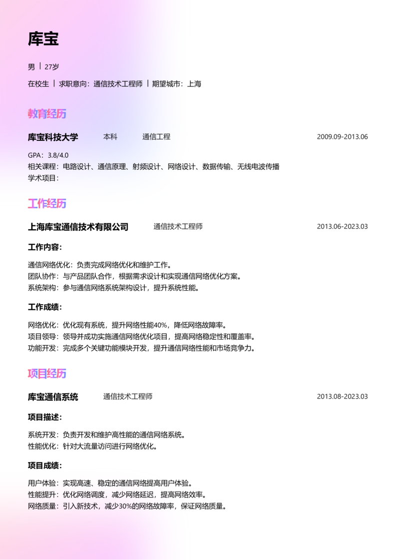 实习生[零经验]-通信技术工程师简历word模板