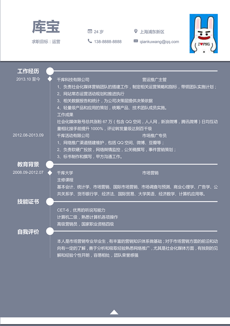 灰色简约创意运营大学生通用求职简历word简历模板预览