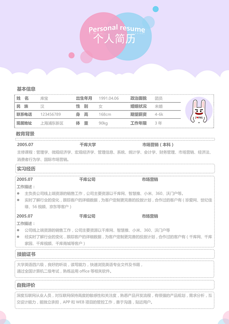 清新活泼创意时尚电商运营类Word求职word简历模板预览