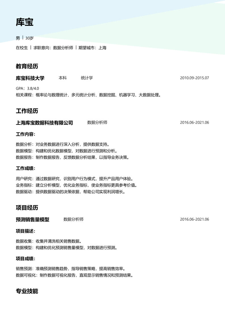 实习生[零经验]-数据分析师简历word模板