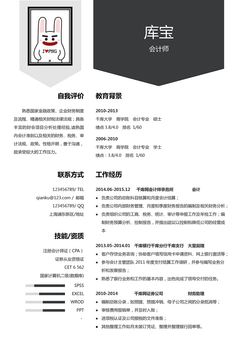 简约黑白时尚大气会计师会计人员求职简历word简历模板预览