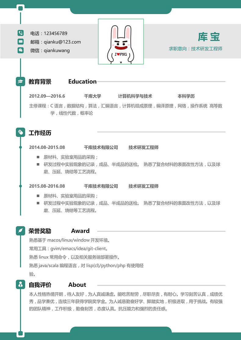绿色简约技术研发工程师软件开发工程师简历word简历模板预览