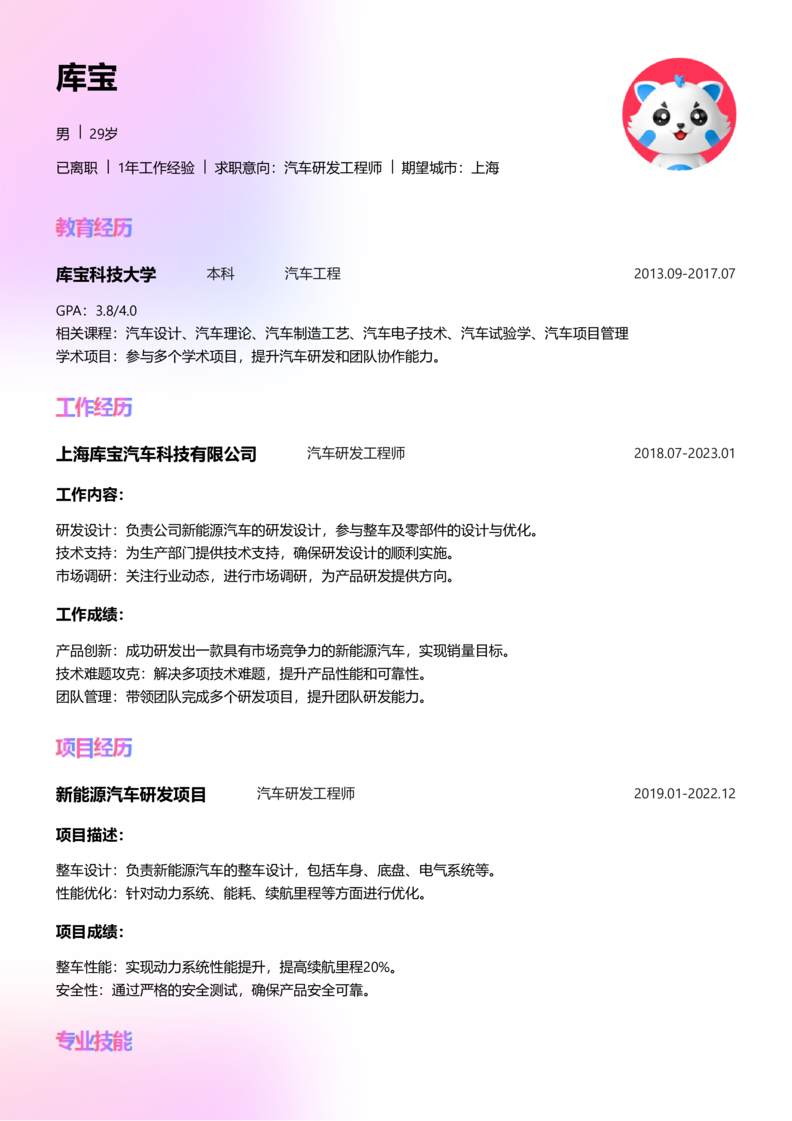 初级[1-3年]-汽车研发制造简历word模板