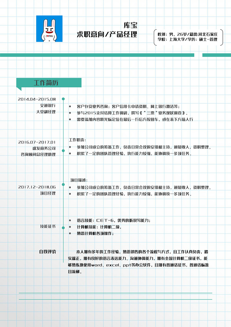 格子创意风销售经理岗位word简历word简历模板预览