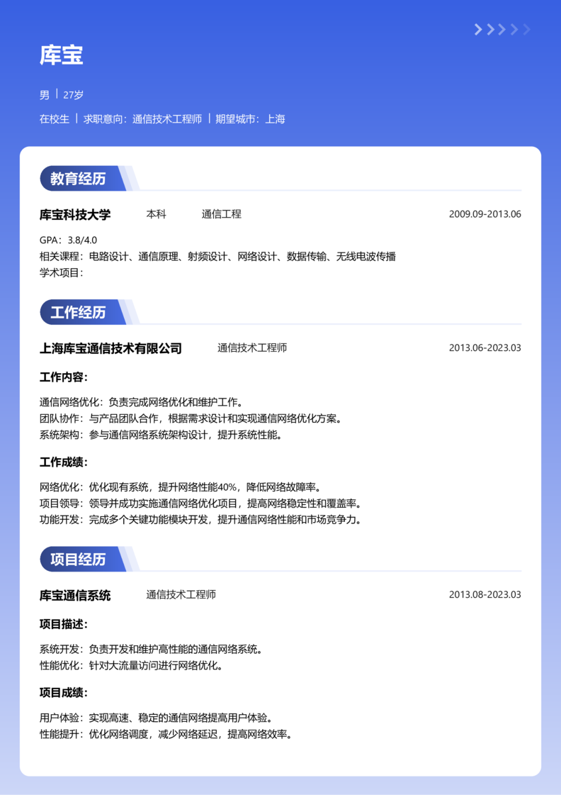 实习生[零经验]-通信技术工程师简历word模板