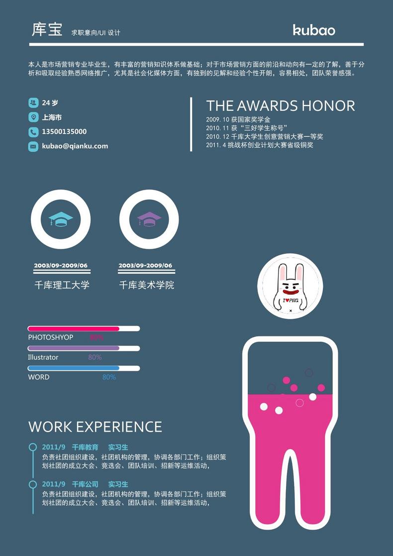 经典深蓝大学生应届生UI设计通用求职简历word简历模板预览