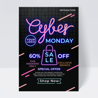 商务贸易海报模板_渐变粉色霓虹cyber monday 促销传单