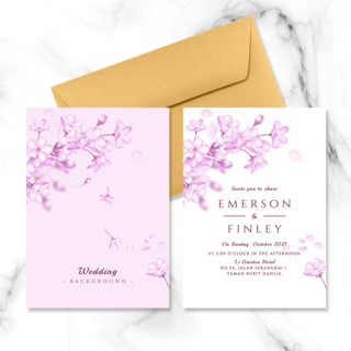 时尚紫色樱花元素双面婚礼邀请函