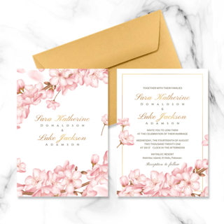 高端金框粉色樱花元素双面婚礼邀请函
