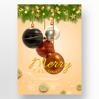 圣诞彩球海报模板_金色蝴蝶结圣诞彩球海报