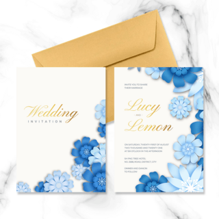 时尚蓝色剪贴花朵婚礼邀请函