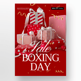 深红色背景礼盒元素boxing day海报模板