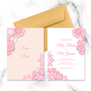 粉色精美剪贴花朵婚礼邀请函