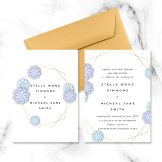 蓝色精美框架剪贴花朵婚礼邀请函