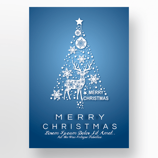 冬天圣诞树海报模板_麋鹿圣诞树蓝色质感海报
