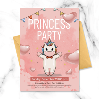 公主可爱海报模板_粉红色背景气球独角兽元素公主聚会邀请函