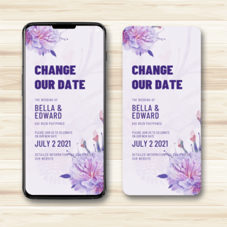 紫色婚礼花朵海报模板_紫色花朵简约风格婚礼推迟通知