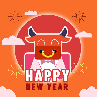 简约云彩海报模板_韩国风格简约新年sns红色的微笑牛