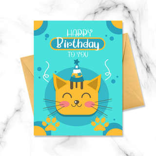 猫咪卡通猫咪海报模板_黄色可爱猫咪卡通生日快乐卡片