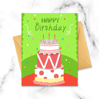 生日蛋糕扁平海报模板_粉白三层蛋糕卡通生日快乐卡片