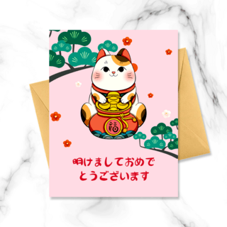 可爱的招财猫海报模板_粉色可爱风格招财猫贺卡
