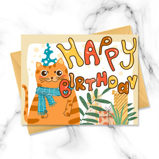 生日快乐字体海报模板_猫咪卡通生日贺卡