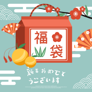 购物新春海报模板_蓝色卡通日本新年购物福袋模版