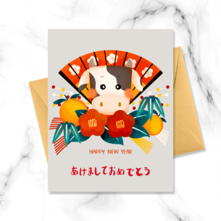 牛年新年贺卡海报模板_可爱风格彩色日本新年贺卡