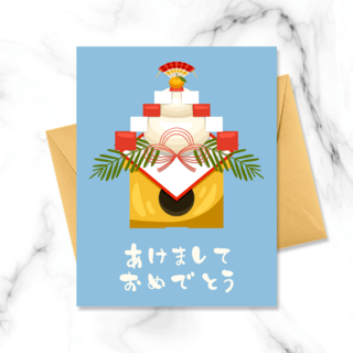 香饼海报模板_蓝色日本新年镜饼贺卡