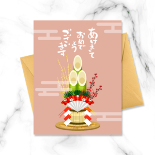 粉色日本传统装饰门松贺卡
