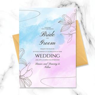 婚礼手绘花卉海报模板_创意蓝色手绘花卉水彩晕染婚礼邀请函