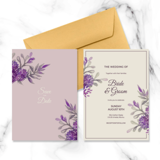 简约精美紫色框架水彩花卉婚礼邀请函