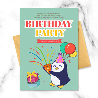 气球的卡通动物海报模板_卡通小企鹅的生日派对邀请函