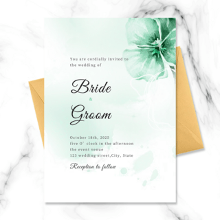 绿色时尚花卉海报模板_精美时尚绿色花卉水彩晕染结婚邀请函
